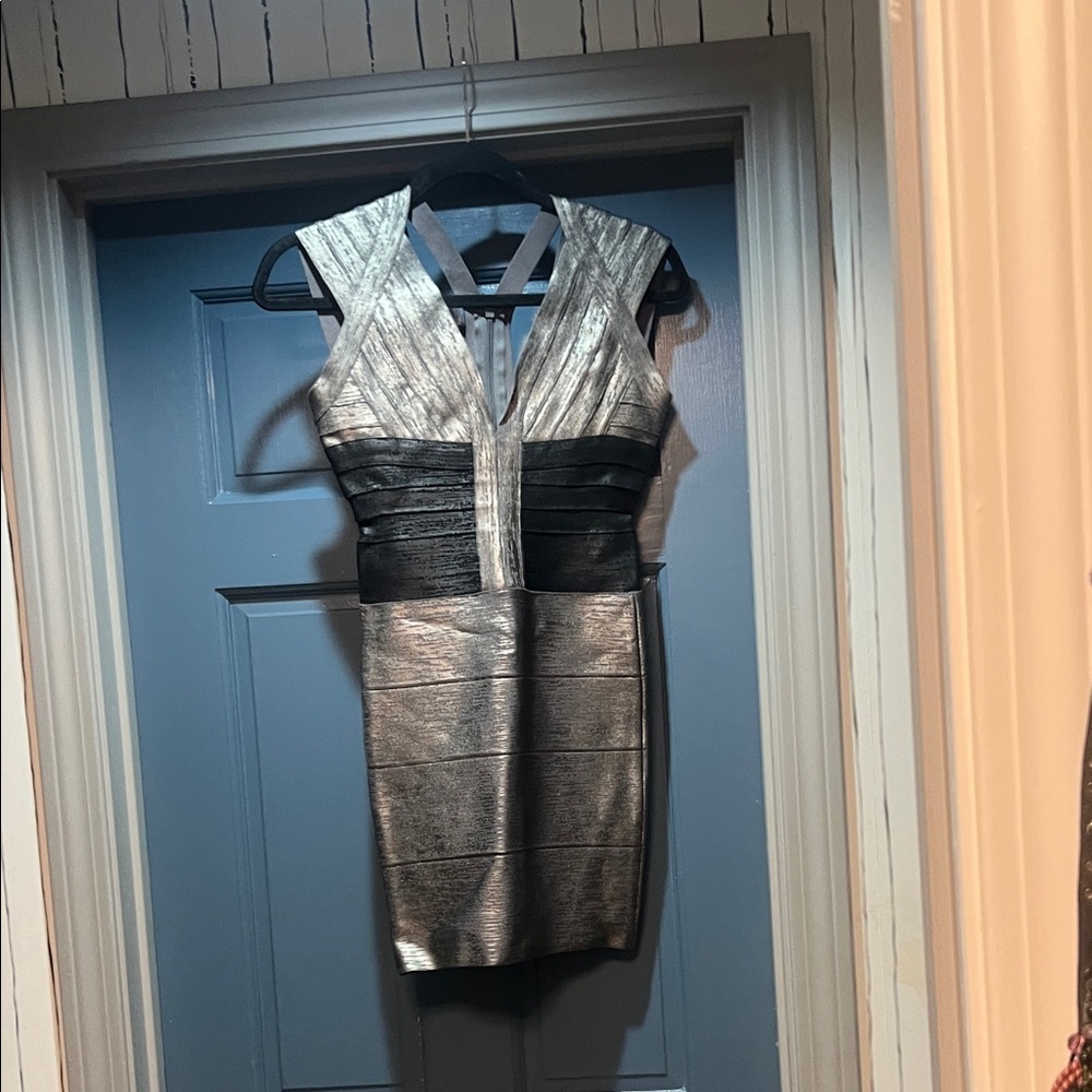 Herve Leger Elegant Silver and Black Bandage Dress